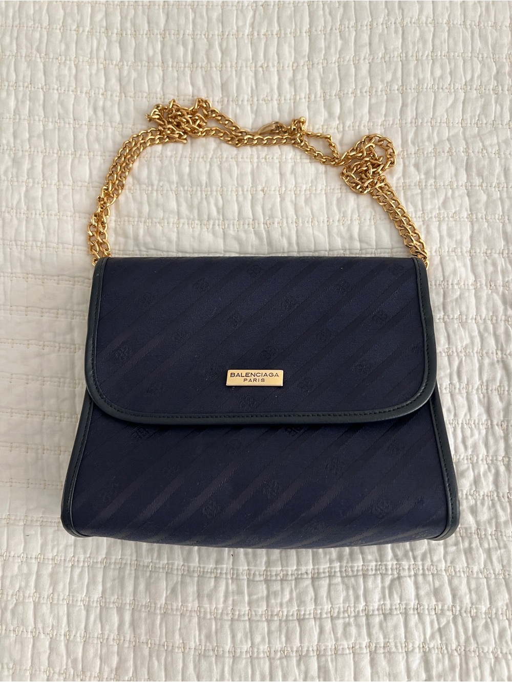 Vintage Balenciaga Navy Flap Shoulder Bag with Gold Chain